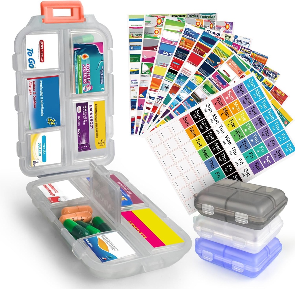 3 Pcs DIY Travel Pill Organizer with Labels Pocket Pharmacy, 3 Pill Box & 420 Medicine Labels, Portable Travel Essentials Mini Pill Container 7 Day Pill Case Storage Vitamin Fish Oil (Set A)