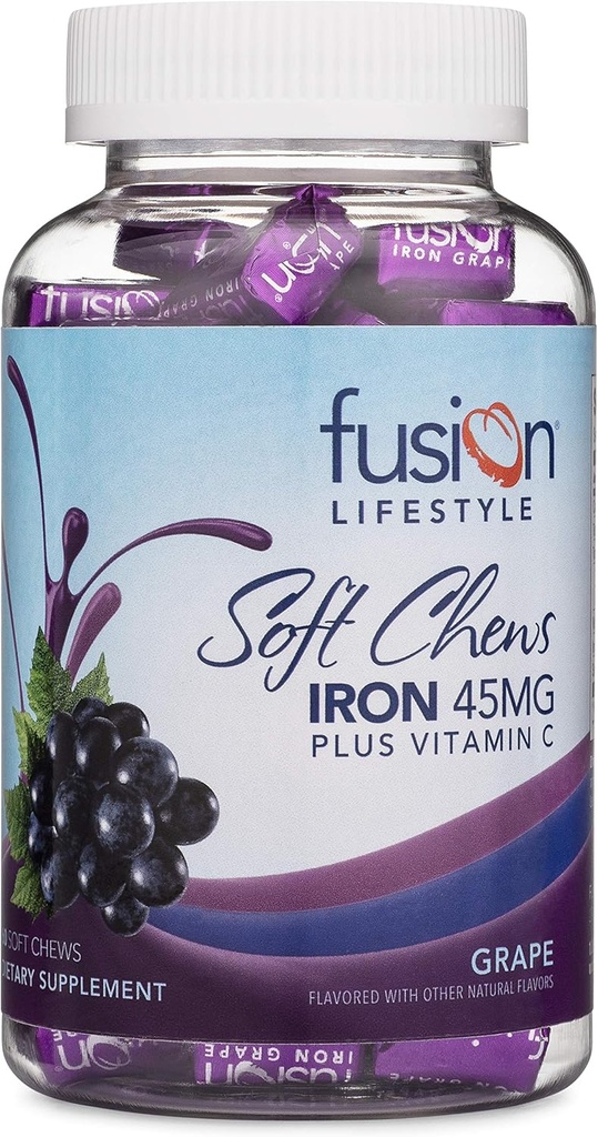 Iron Supplement for Women and Men, Grape Flavored Iron Soft Chew Plus Vitamin C for Iron Deficiency and Anemia, 2 Month Supply, 60 Count