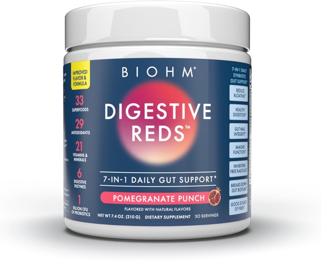 BIOHM Digestive Reds, Superfood Powder (7.4 Oz, 30 Servings) Antioxidants, Vitamins, Probiotics, Digestive Health for Women and Men with Enzymes, Beets, Goji, Pomegrante, Red Berry Flavor