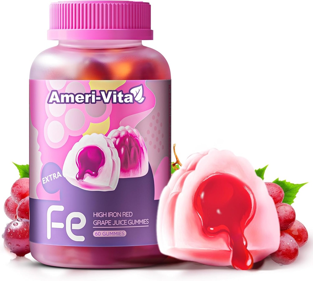Heme Iron Supplement Gummies for Women Anemia Men with Vitamins C B12 B6 Folate Salmon Peptides Sugar-Free Non-Constipating Red Grape Flavor Women's Multivitamin with Gentle Iron 60 Count