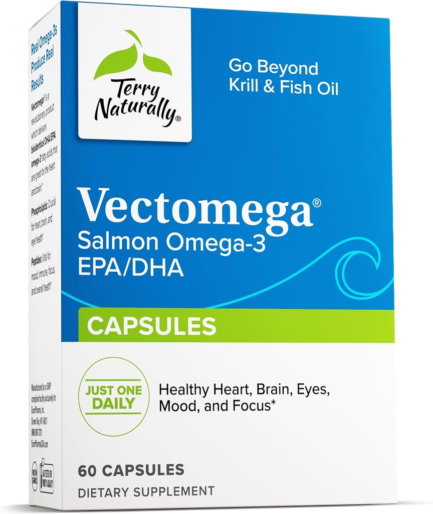 Terry Naturally Vectomega - Dietary Supplement with EPA & DHA - Omega-3 Tablets for Brain & Heart Health Support - Nutritional Supplement with Essential Fatty Acids & Peptides - 60 Capsules