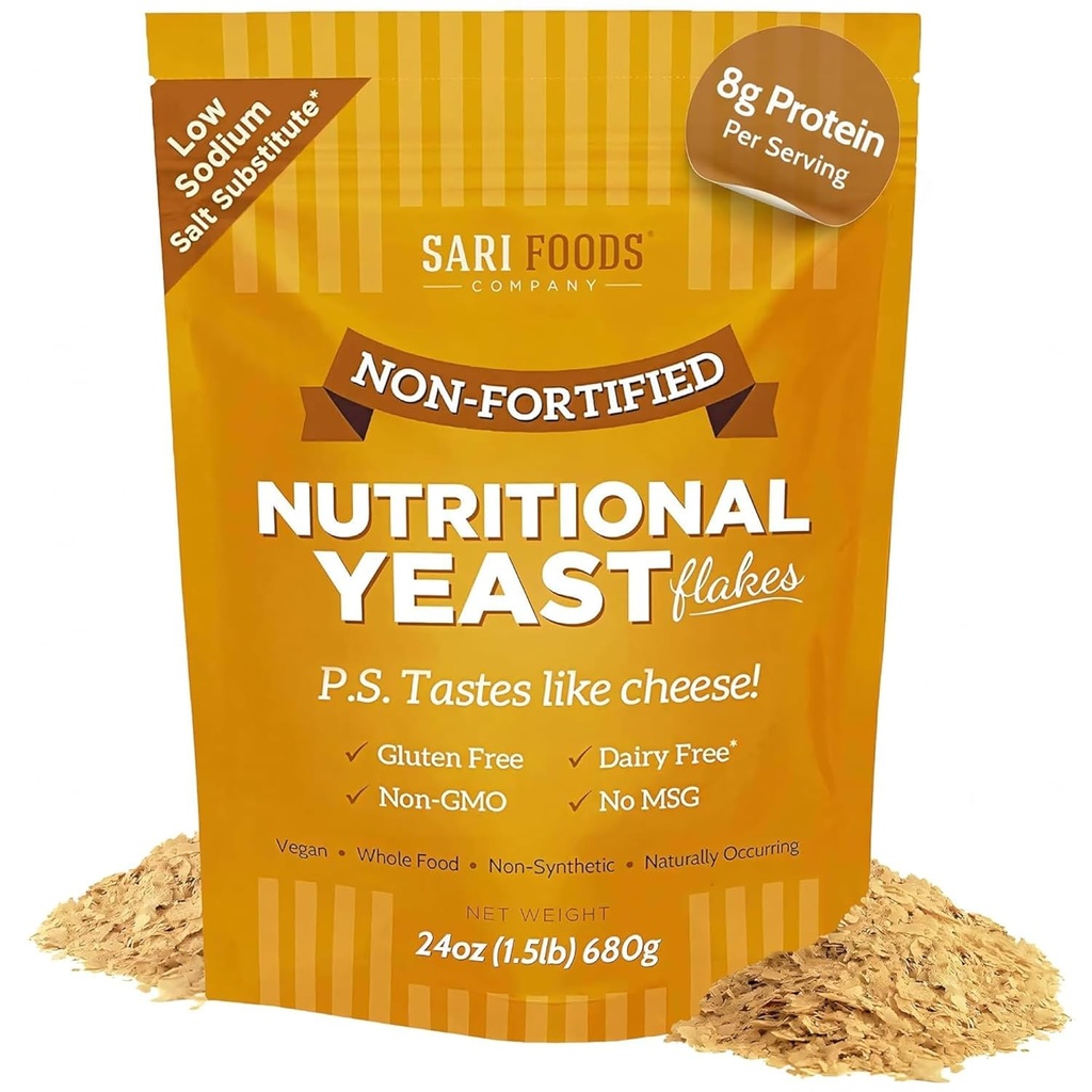 Non Fortified Nutritional Yeast Flakes, Whole Foods Based Protein Powder, Vegan, Gluten Free, Vitamins B, Beta-glucans, and All 18 Amino Acids (24 oz.)
