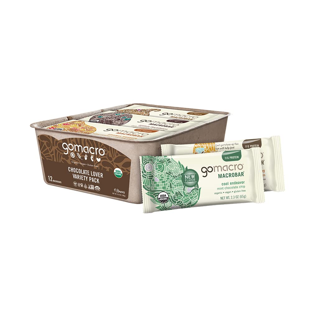GoMacro MacroBar Organic Vegan Protein Bars - Chocolate Lover Variety Pack (2.3 Ounce Bars, 12 Count)