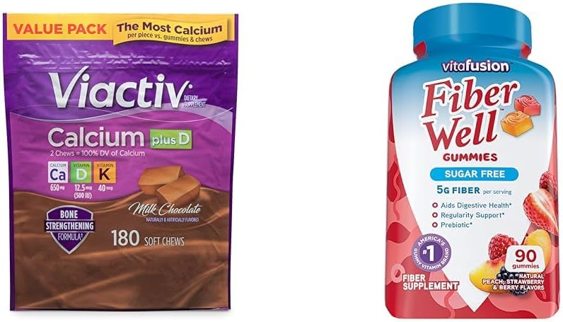 Viactiv Calcium Plus Vitamin D Supplement Soft Chews, Brown, Milk Chocolate, 180 Count & Vitafusion Fiber Well Sugar Free Fiber Supplement, Peach, Strawberry and BlackBerry Flavored
