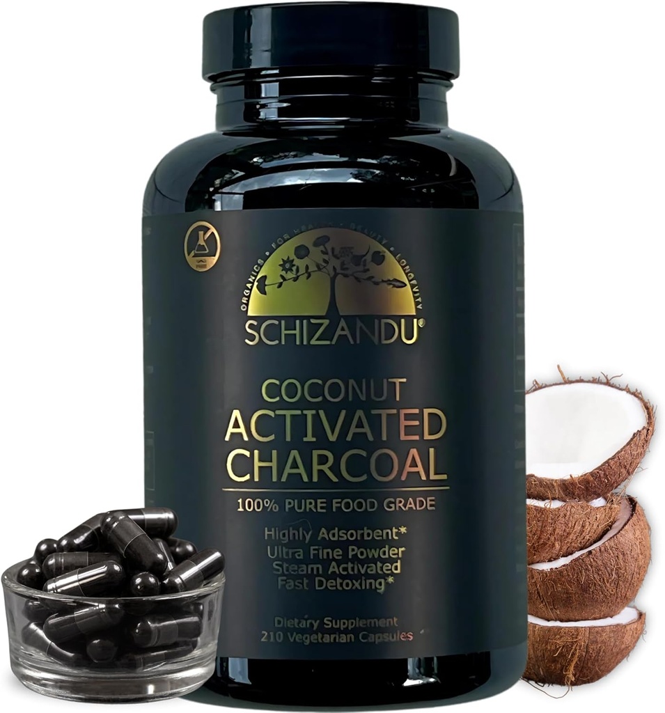 Schizandu Activated Coconut Charcoal Capsules- Supports Health - Vegan, Organic, Non-GMO, No Additives - X-Large Bottle 210 Count