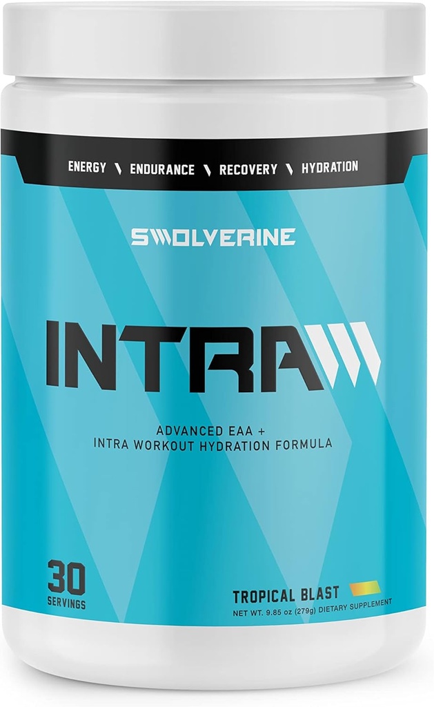 Swolverine Intra | Essential Amino Acids, Electrolytes, Coconut Water, Pomegranate, Tart Cherry, Spirulina, Vegan, Non-GMO, Gluten Free (30 Servings, Tropical Blast)