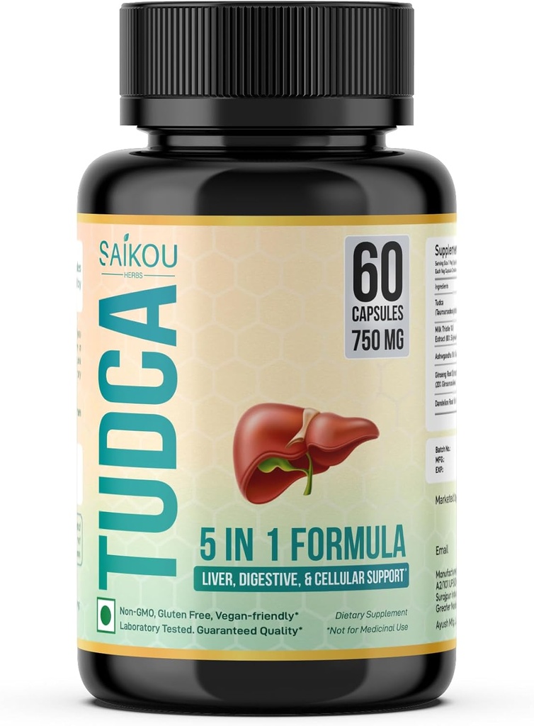 TUDCA (Tauroursodeoxycholic Acid) 750mg - 5 in 1 with Milk Thistle, Ashwagandha, Dandelion and Ginseng - 60 Servings