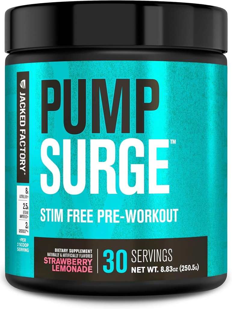 Jacked Factory Pumpsurge Caffeine Free Pre Workout for Men & Women - Nootropic Booster & Stim Free Pre Workout - Intense Pumps, Enhanced Focus - 30 Servings, Strawberry Lemonade