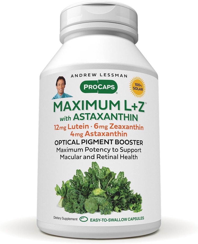 ANDREW LESSMAN Maximum L+Z with Astaxanthin 240 Softgels - 12mg Lutein, 6mg Zeaxanthin, 4mg Astaxanthin. Key Nutrients to Support Eye and Brain Health, and Promote Healthy Vision.