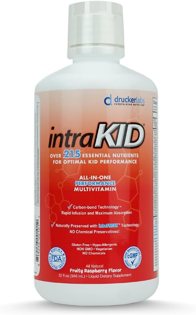 Drucker Labs Organic Liquid Multivitamin for Kids, Immune Support, Non GMO, Dairy Free, Gluten Free, Magnesium, Vitamin A,C,E, Zinc, (32 oz., Fruity Raspberry)