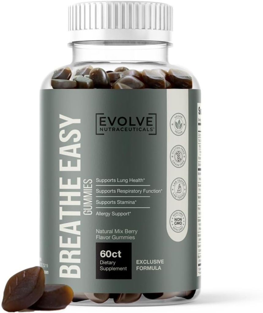 Evolve Breathe Easy Lung Gummies, Mullein Leaf, Boswellia Resin, Nettle Root, Forskolin, Butterbur, Bromelain, Allergy Relief, Asthma, Cough Support, Smokers Lung, Vaping Illness