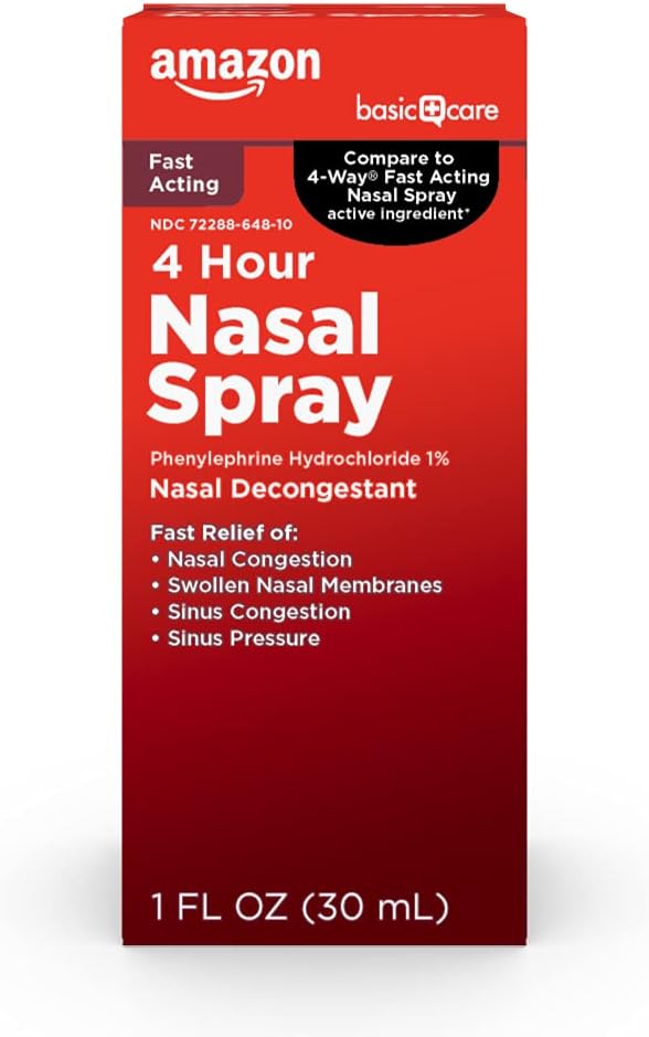 Amazon Basic Care Nasal Four Nasal Spray, Phenylephrine Hydrochloride 1 Percent, Nasal Decongestant, 1 fl oz (Pack of 1)