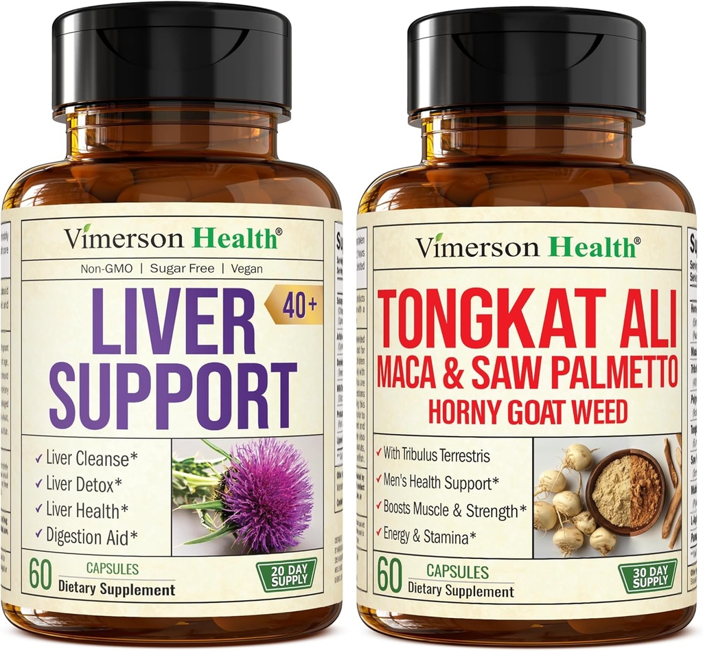 Liver Cleanse Detox & Repair Milk Thistle Supplement for Older Adults & Tongkat Ali for Men with Horny Goat Weed, Maca Root Powder, Tribulus Terrestris, and Saw Palmetto 2-Pack Bundle