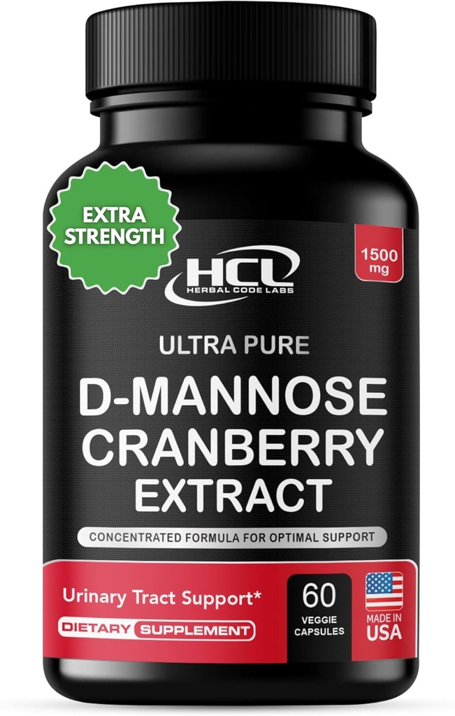 HCL HERBAL CODE LABS D-Mannose with Cranberry Extract Capsules 1500mg – High Potency USP Grade D-Mannose Supplement with Whole Fruit Cranberry Powder – Urinary Tract Support – Non-GMO 60 Capsules