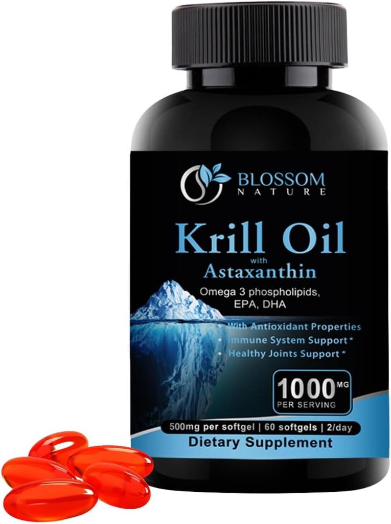​Antarctic Krill Oil 1000mg Softgels with Astaxanthin – Omega-3 EPA & DHA Supplement for Heart, Brain, and Joint Health in Form of Phospholipids– 60 Vanilla-Flavored Softgels