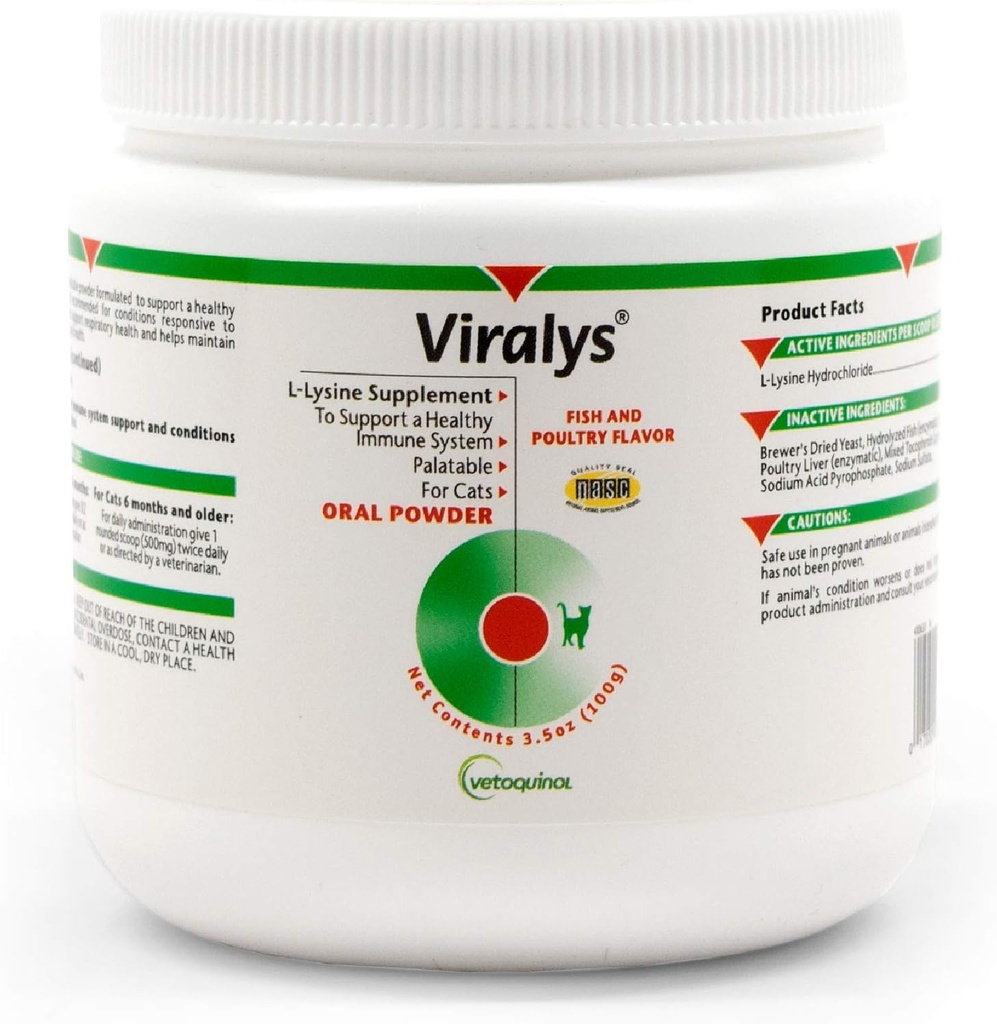 Vetoquinol Viralys Daily L-Lysine Powder for Cats and Kittens, Fish Flavored Lysine Supplement for Cats and Kittens to Support Immune Health, Normal Eye Function and Respiratory Health, 100gm