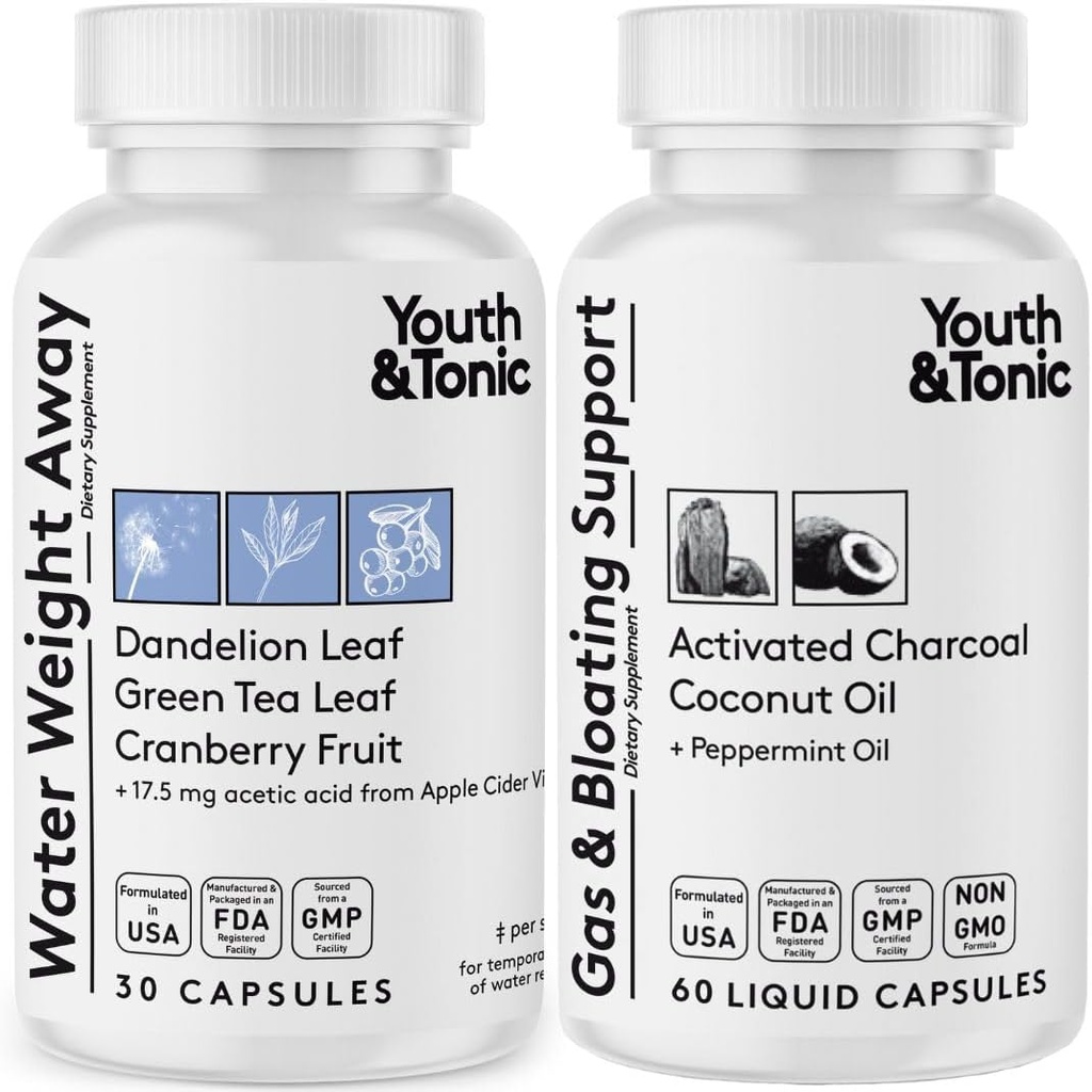 Water Weight Away & Gas and Bloating – Diuretic & Charcoal Pills for Bloating Relief – Support for Water Retention, Swollen Legs & Digestive Bloating – Peppermint & Coconut Oil – 90 Pills