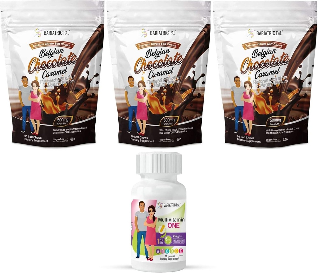 BariatricPal 90-Day Bariatric Vitamin Bundle (Multivitamin ONE 1 per Day! Capsule with 45mg Iron and Calcium Citrate Soft Chews 500mg with Probiotics - Belgian Chocolate Caramel)