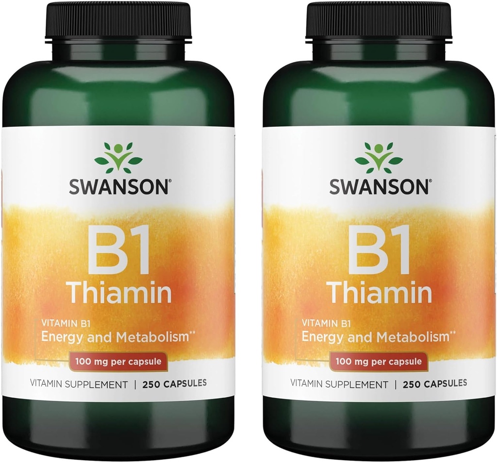 Swanson Vitamin B1 (Thiamin) - Promotes Healthy Metabolism and Provides Energy Support - Natural Vitamin Supplement Supporting Optimum Nerve Cell Function - (250 Capsules, 100mg Each) (2 Pack)