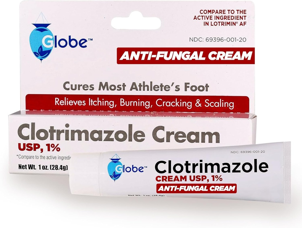 Globe Clotrimazole Antifungal Cream 1% USP (1 oz), Anti Fungal Treatment, Relieves Itching, Burning, Cracking and Scaling Associated Athletes Foot, Jock Itch, Ringworm and More