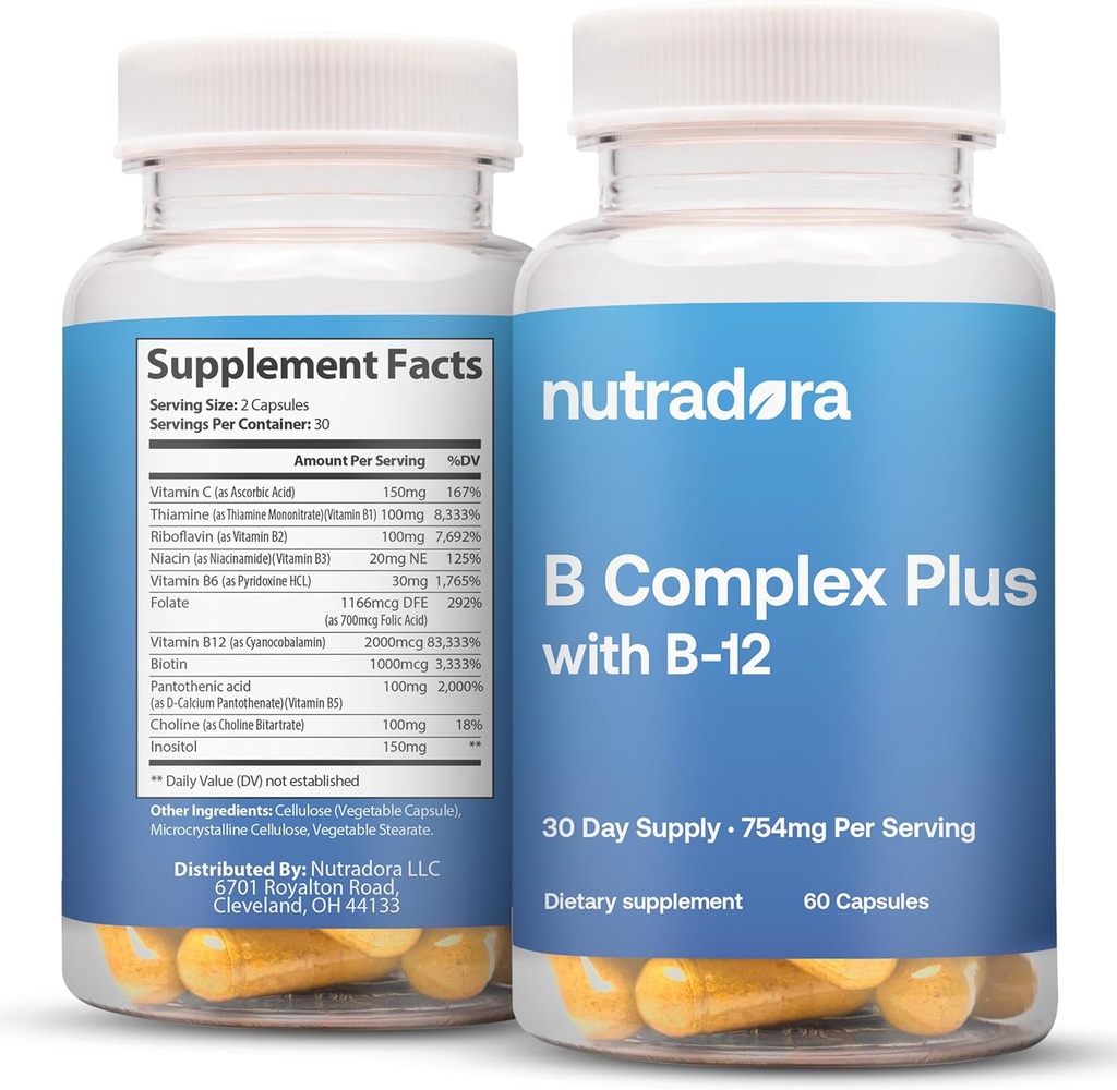 Vitamin B Complex with Vitamin C - B Complex Vitamins for Men and Women, 11-in-1 B-Complex for Brain & Energy Support, Immune & Nervous System Support - Non-GMO, 60 Vegetarian Capsules