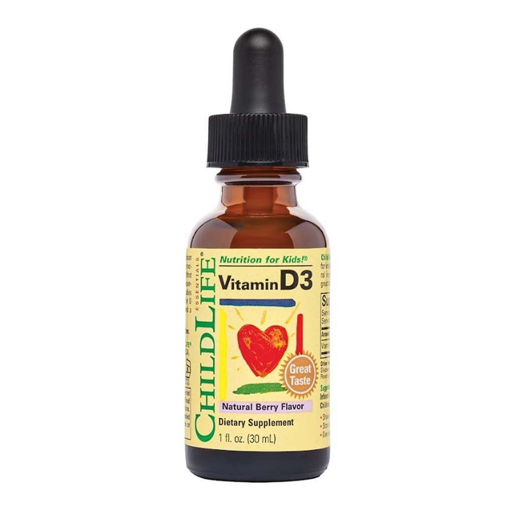 CHILDLIFE ESSENTIALS Vitamin D3 Drops for Kids, Children, & Toddlers - Liquid Vitamin D Drops, 500 IU per Drop, Immune & Bone Health Support, Natural Berry - 1 Fl Oz (Pack of 1)