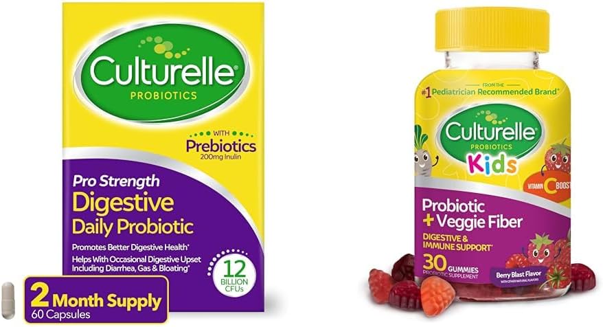 Culturelle Pro Strength Daily Probiotic Digestive Health Capsules Kids Daily Probiotic Gummies for Digestive & Immune Support, 60 & 30 Count