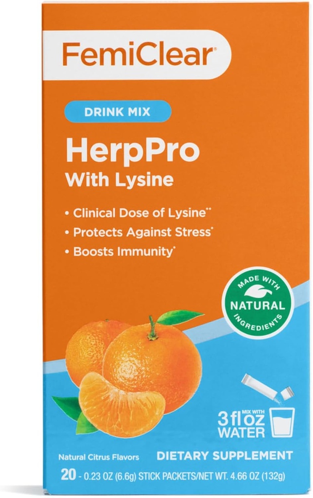 FemiClear HerpPro Drink Mix, with L-Lysine 3000mg, Zinc, Vitamins A & C, Ashwagandha, Immunity & Stress Supplement for Women & Men, 20 Stick Packets