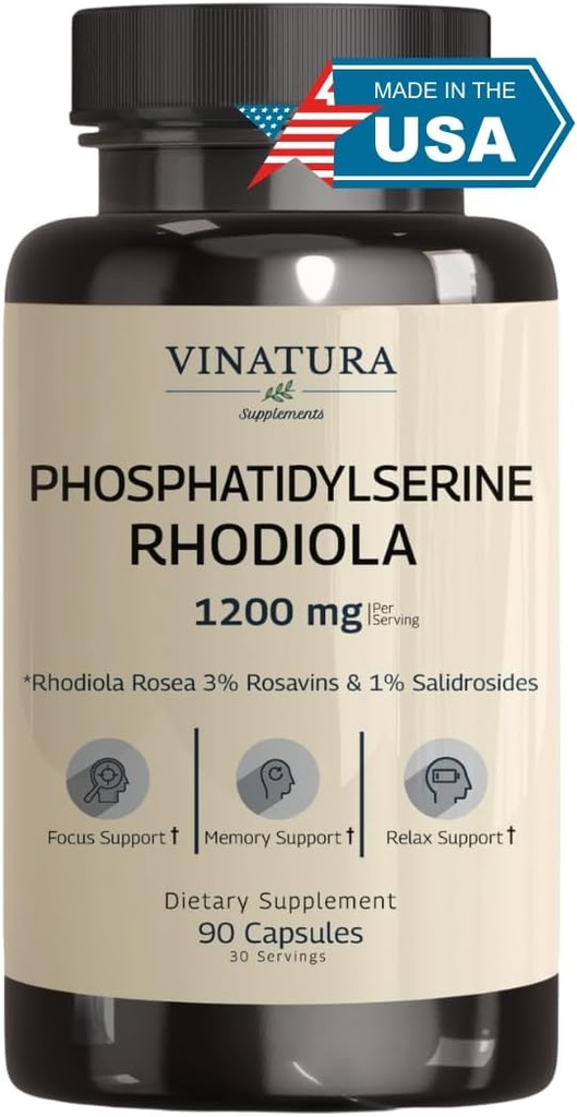 VINATURA PhosphatidylSerine 1200mg - with Rhodiola Rosea, 90 Capsules 30 Servings