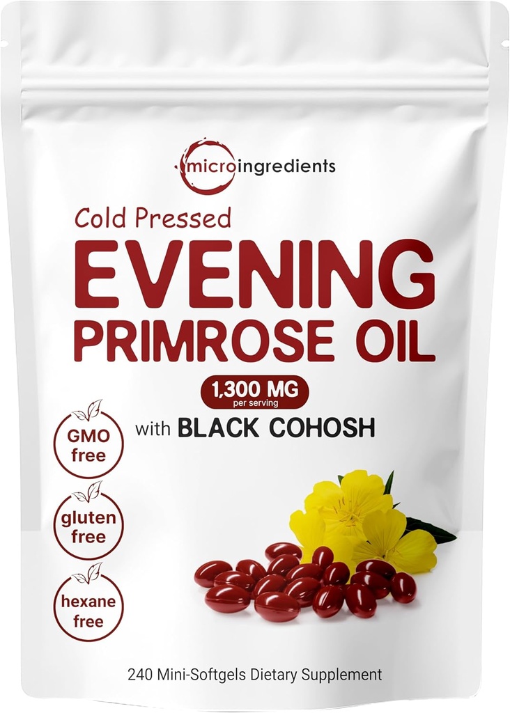 Micro Ingredients Evening Primrose Oil 1300mg Per Serving, 240 Softgels | Enhanced with 40mg Black Cohosh Extract, Cold Pressed – 10% Active GLA, Non-GMO, No Gluten, Easy to Swallow