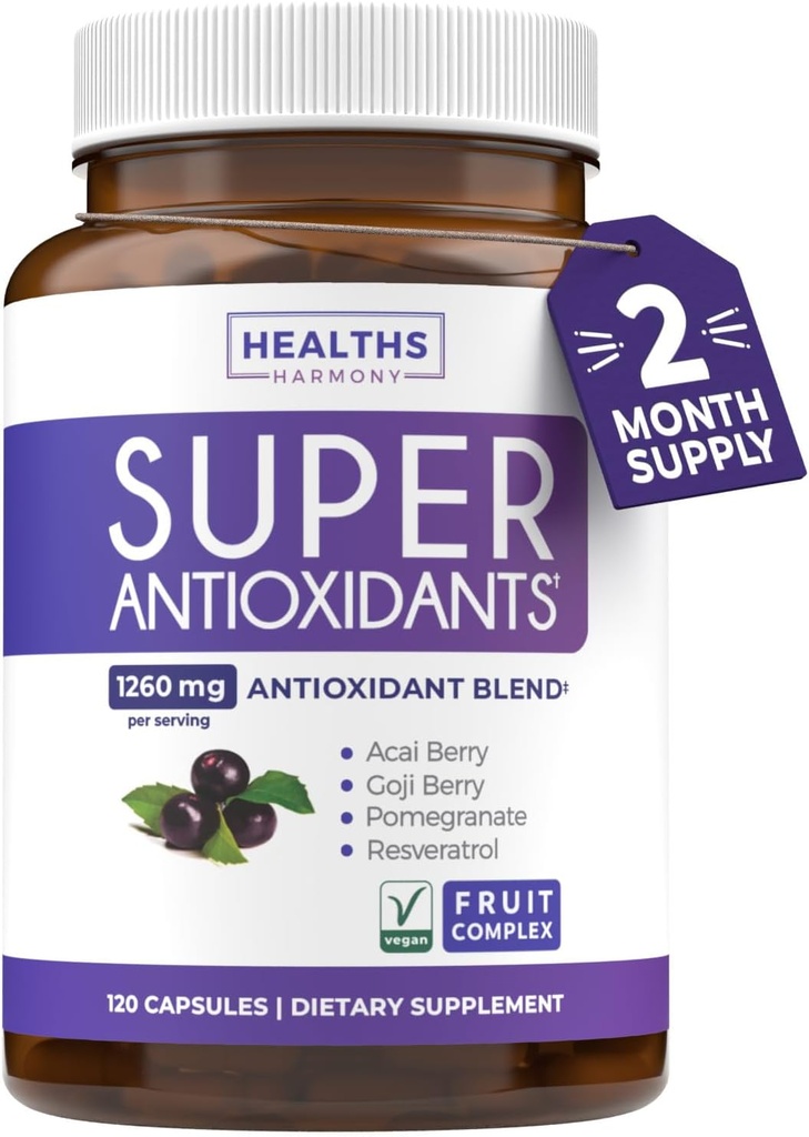 Super Antioxidants Supplement for Women & Men - High Potency Herbal & Fruit Blend with Acai, Goji, Pomegranate, Elderberry & Resveratrol for Skin Care & Immune Support - Vegan & Non-GMO - 120 Capsules