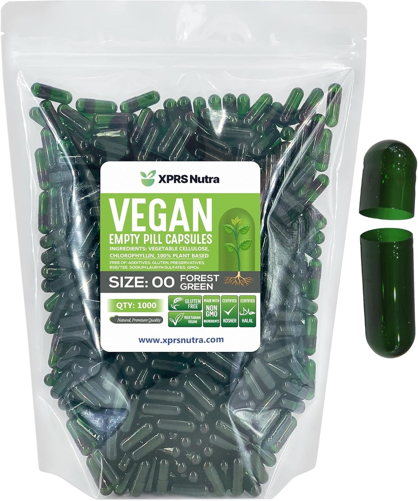 XPRS Nutra Size 00 Empty Capsules - 1000 Count Empty Vegan Capsules - Vegetarian Empty Pills - DIY Vegetable Capsule Filling- Veggie Pill Caps (Forest Green)