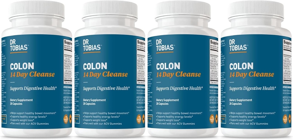 Dr. Tobias Colon 14 Day Cleanse, Advanced Gut Cleanse Detox for Women & Men with Cascara Sagrada, Psyllium Husk, Senna Leaf & Probiotics, Non-GMO Colon Cleanse, 4 Bottles of 28 Capsules Each