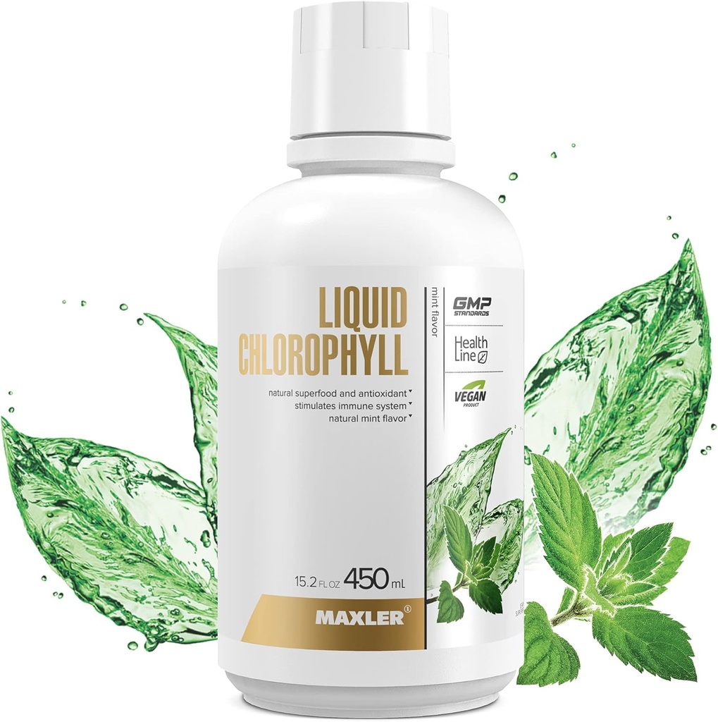 Maxler Chlorophyll Liquid Mint Flavor - Internal Deodorant for Body Odor & Bad Breath Supplement - Vegan Liquid Chlorophyll - 132 mg of Chlorophyllin per 1 Serving (15 Servings) - 15.2 fl oz