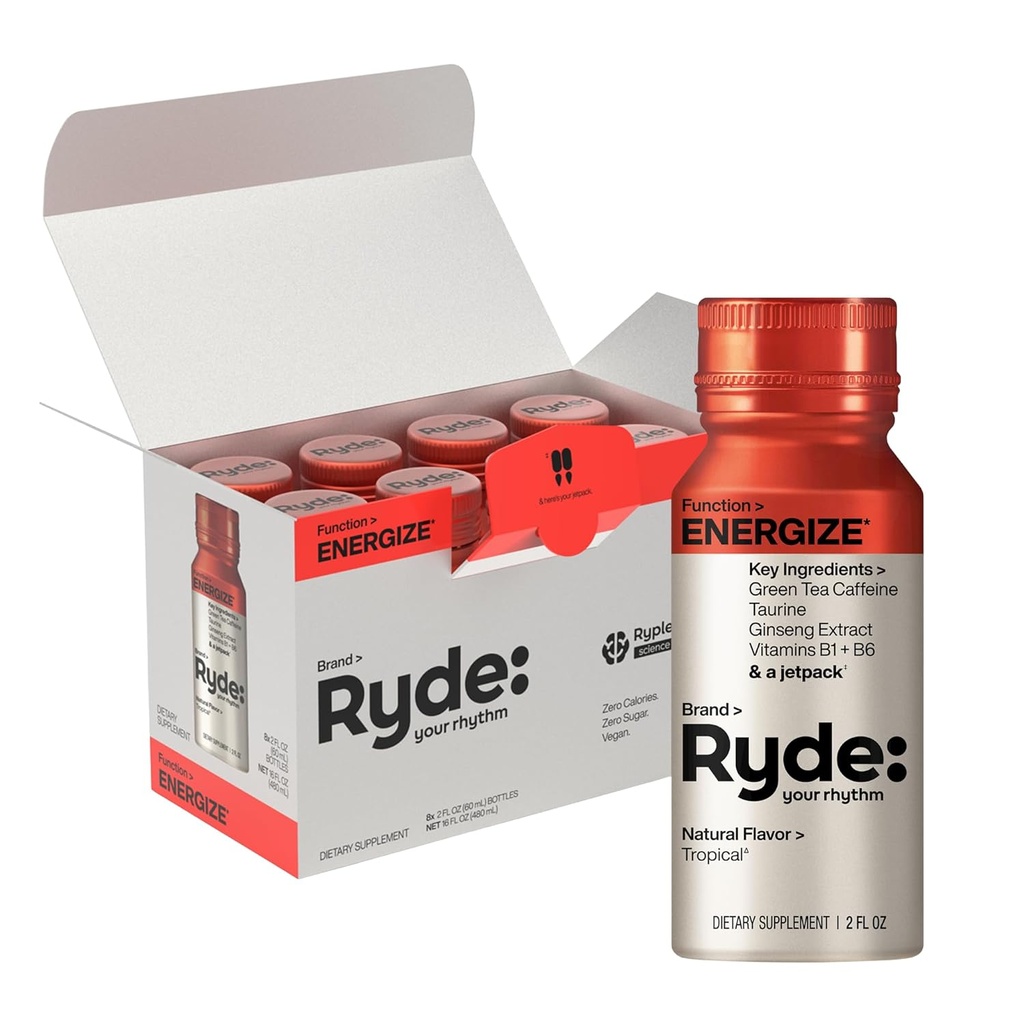 Ryde: Energize Shot | Tropical Flavor | Green Tea Caffeine, Taurine, Ginseng Extract & B Vitamins | 0 Calories, 0 Sugar | 2 FL OZ Shots | Boosts energy* (8 Pack)