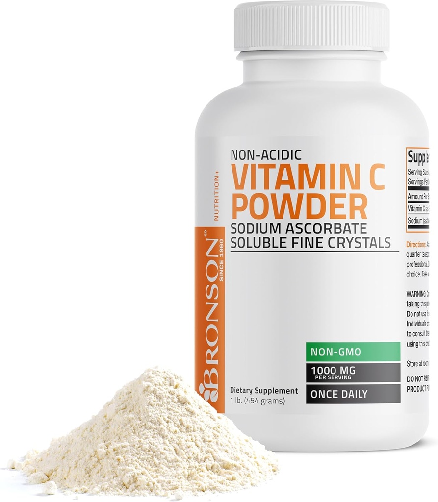 Bronson Non Acidic Vitamin C Powder Sodium Ascorbate Non GMO Soluble Fine Crystals - Healthy Immune System, Antioxidant and Cell Protection - 1 Pound (16 Oz, 454 Grams)