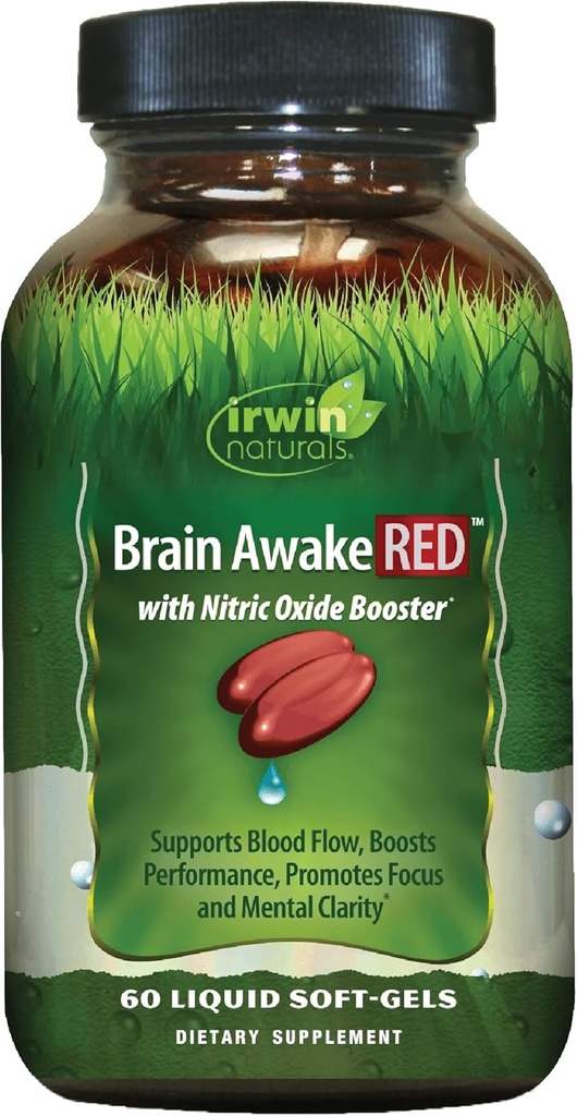Irwin Naturals Brain Awake RED with Nitric Oxide Booster - 60 Liquid Soft-Gel - Support Brain Health & Optimize Performance - 20 Total Servings
