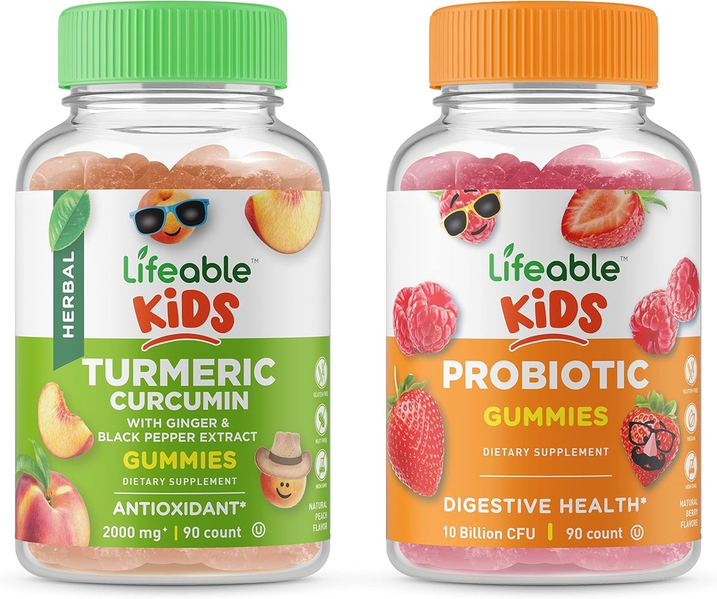 Lifeable Turmeric Curcumin Kids + Probiotics 5 Billion Kids, Gummies Bundle - Great Tasting, Vitamin Supplement, Gluten Free, GMO Free, Chewable Gummy