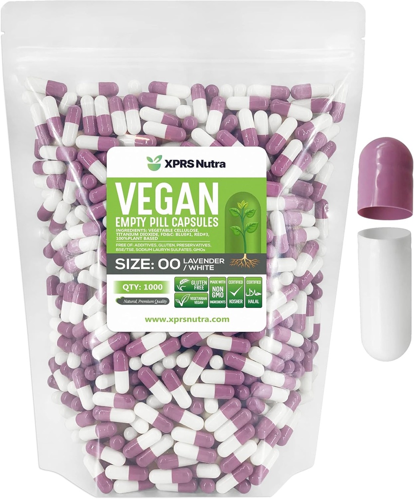 XPRS Nutra Size 00 Empty Capsules - 1000 Count Empty Vegan Capsules - Vegetarian Empty Pills - DIY Vegetable Capsule Filling- Veggie Pill Caps (Lavender/White)