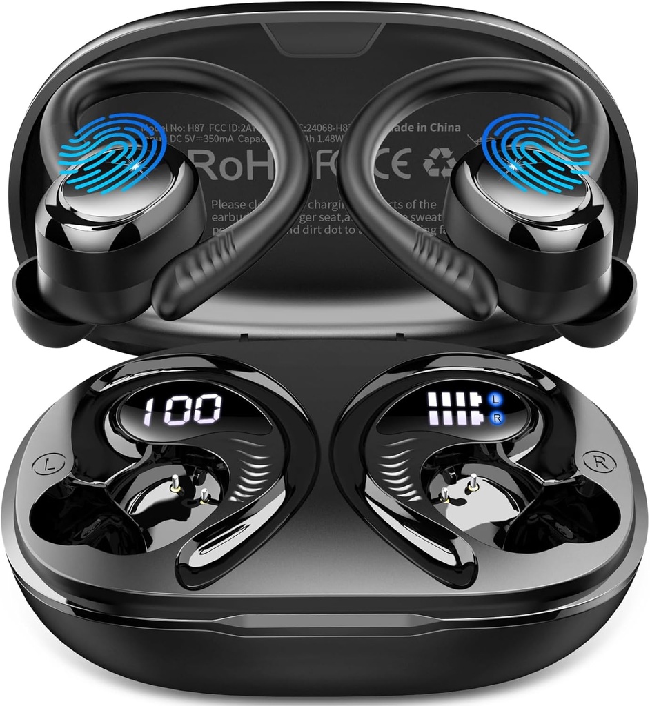 Wireless Earbuds Sport, New Bluetooth 5.4 Headphones with Earhooks, 50H Stereo Deep Bass Over Ear Buds with 4 ENC Noise Canceling Mics, IP7 Waterproof Earphones for Running Workout Gym -Black