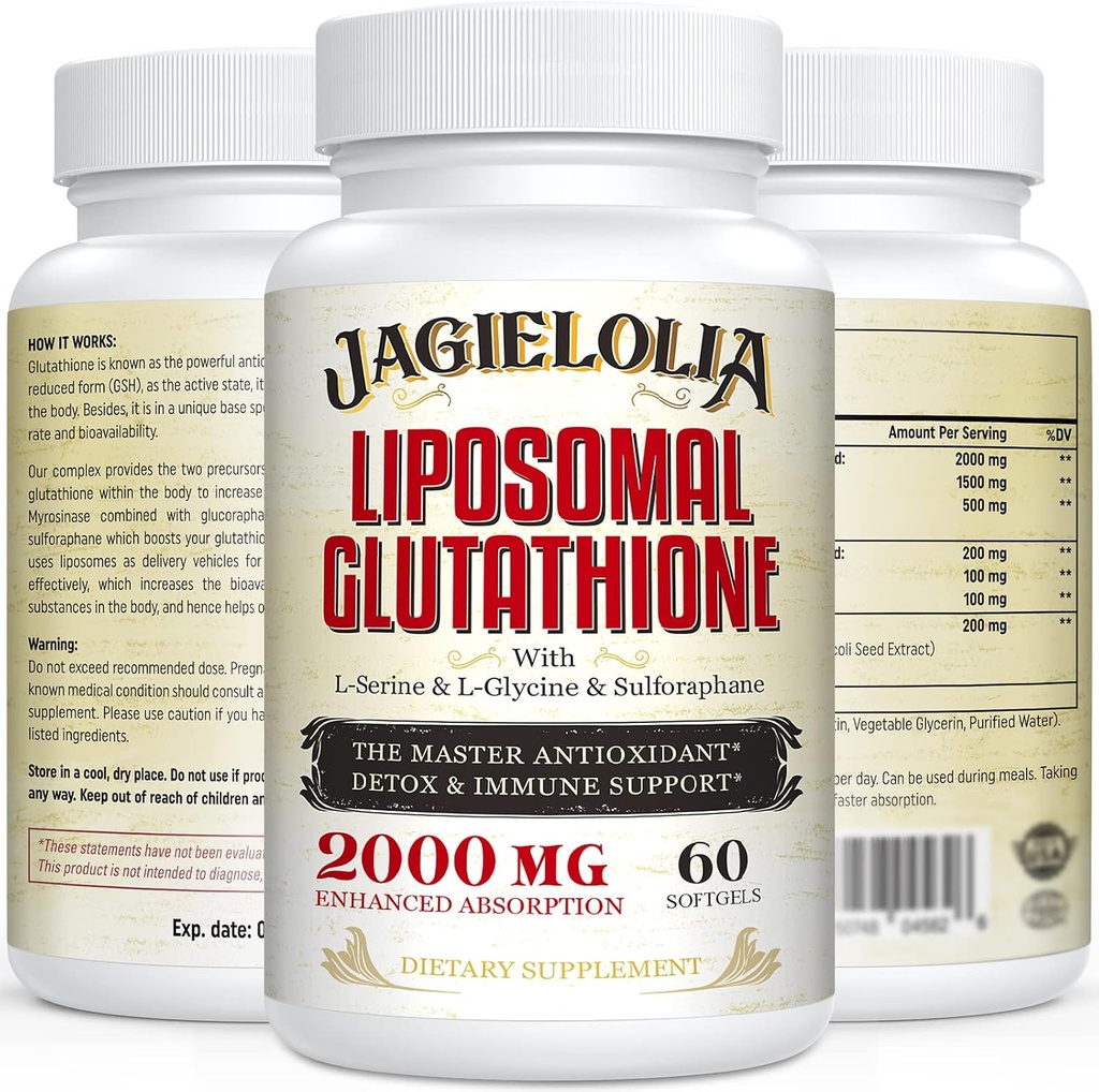 Liposomal Glutathione 2000 mg with L-Serine, L-Glycine & Sulforaphane – Active L-Glutathione Unique Formulation to Enhance Absorption - Master Antioxidant, Detoxifying & Immune | 180 Softgels