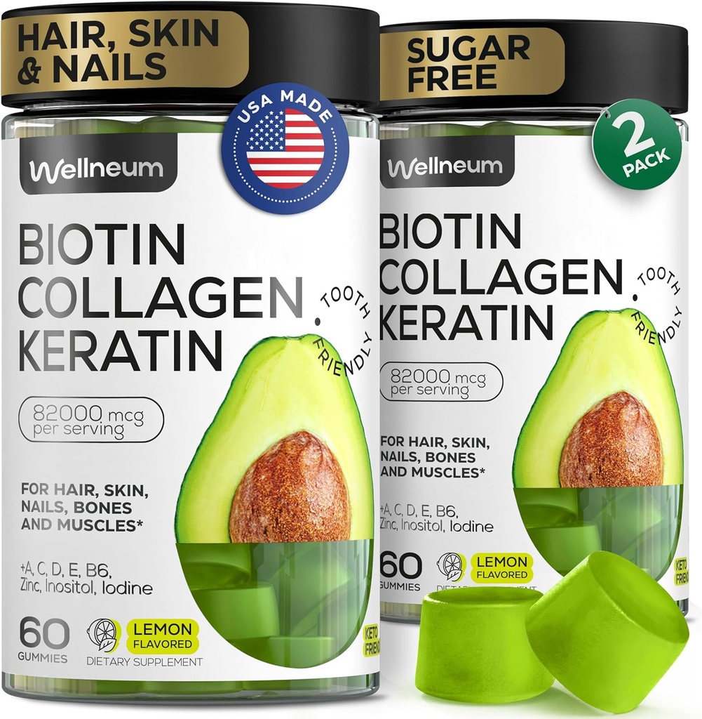 Biotin and Collagen Peptide Gummies for Hair Growth, Skin and Nails 120 Pcs (2 Pack) - 82000 Mcg - Biotin Chewables with Keratin Max Strength - Beauty Gummies for Women and Men - Sugar Free, Non-GMO
