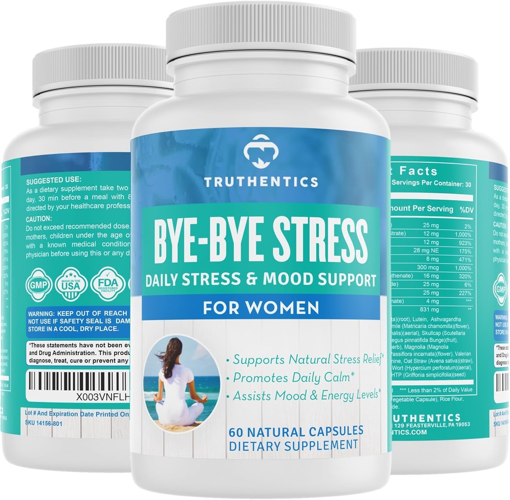 TRUTHENTICS Stress Relief Supplement for Women – Natural Calm, Energy and Mood Support with Ashwagandha, GABA, Lemon Balm, L-Theanine, Rhodiola, Vitamin B - Vegan - 60 Capsules