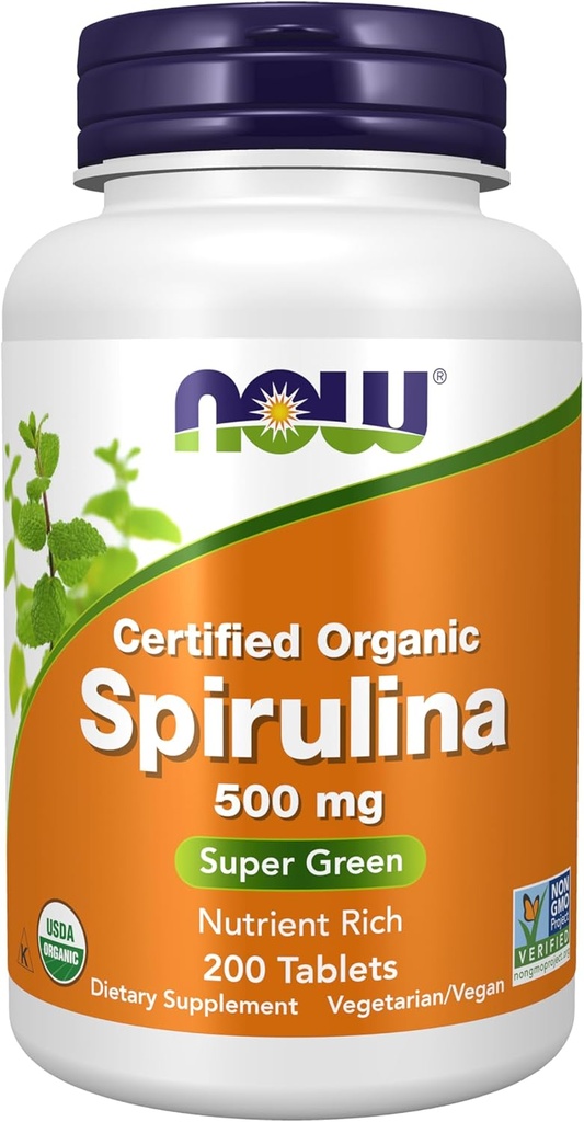 NOW Foods Supplements, Organic Spirulina 500 mg with Vitamins, Minerals and GLA (Gamma-Linolenic Acid), 200 Tablets