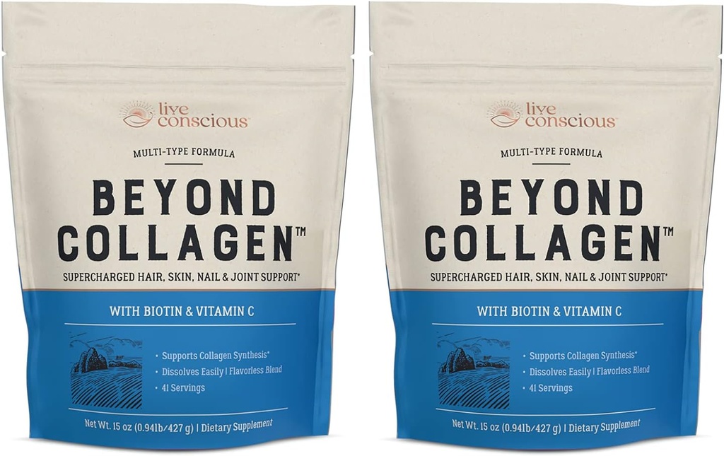 Live Conscious Beyond Collagen Multi Collagen Powder - Types I, II, III, V & X | Keto Friendly, Hydrolyzed Blend with Biotin & Vitamin C (2-Pack)