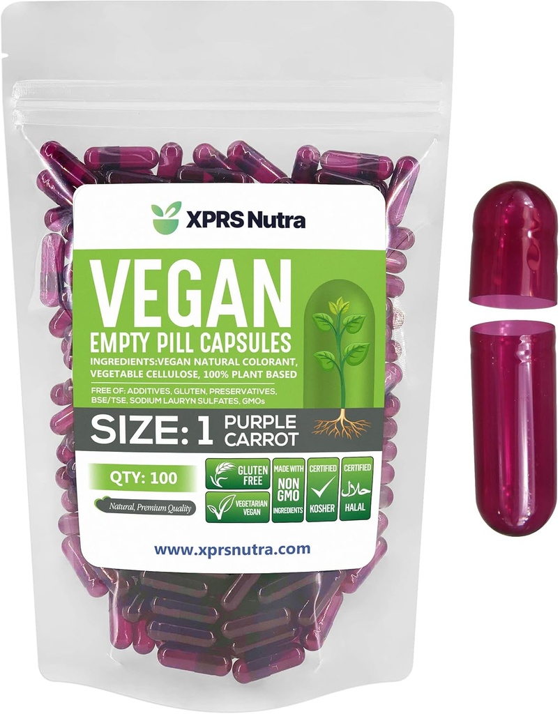 XPRS Nutra Size 1 Empty Capsules - 100 Count Empty Vegan Capsules - Vegetarian Pills - DIY Vegetable Capsule Filling- Veggie Pill Caps for Do-It-Yourself Supplements (Purple Carrot)