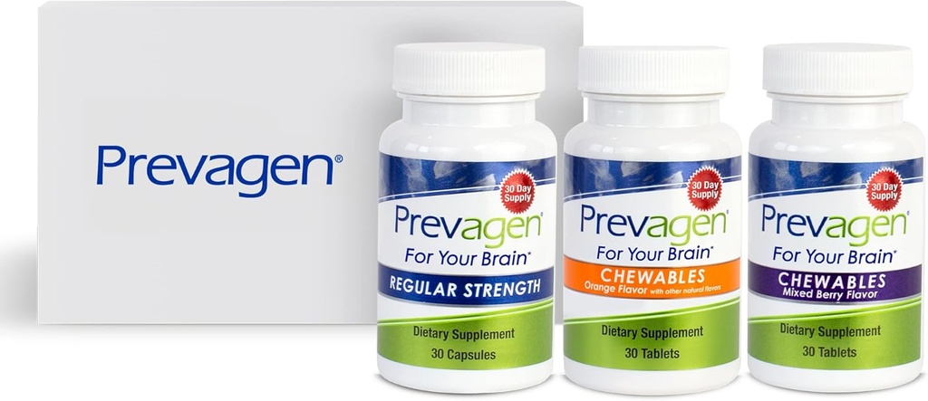 Prevagen Variety Pack - 90 Count (3 Month Supply) | Regular Strength Capsules, Mixed Berry Chewables, and Orange Chewables | 10mg of Apoaequorin Plus Vitamin D3
