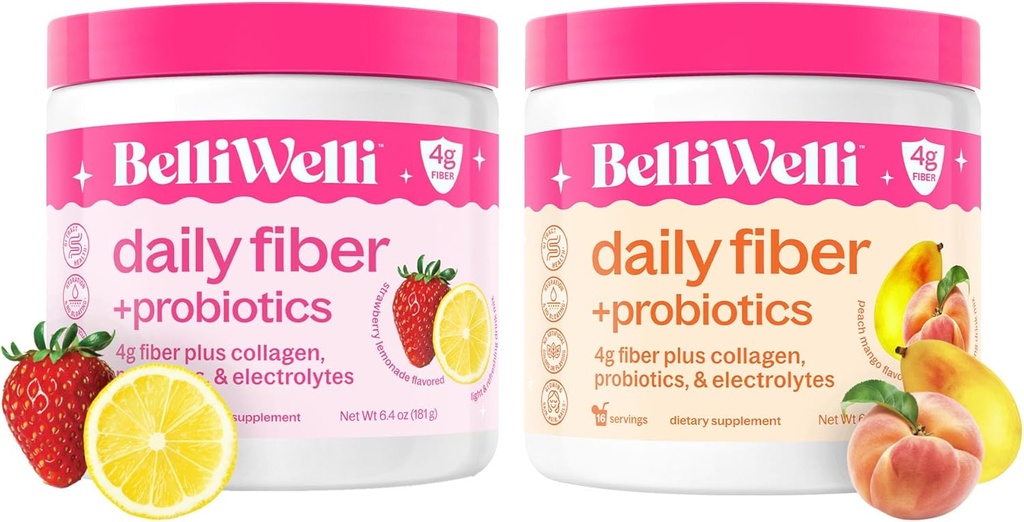 Daily Fiber Supplement Bundle with Collagen, Probiotics & Electrolytes - Peach Mango & Strawberry Lemonade Flavors - Supports Digestive Health, Debloating, Gut & Hormone Balance - 32 Servings Total