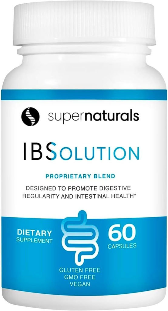 SuperNaturals IBSolution - Made in USA, Non-GMO, Gluten Free & Vegan (60 Capsules) - Digestive Gut Health Supplement With Psyllium Husk - Gas, Bloating, Diarrhea, Constipation Relief, Abdominal Pain