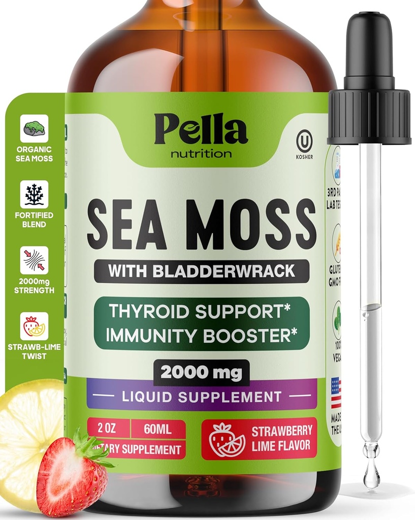 Pella Nutrition Sea Moss Drops with Bladderwrack – 4X Faster Absorption Than Irish Sea Moss Gel Superfood, Gummies, and Capsules – Digestive & Immune Support Supplement (Strawberry Lime, 60mL)